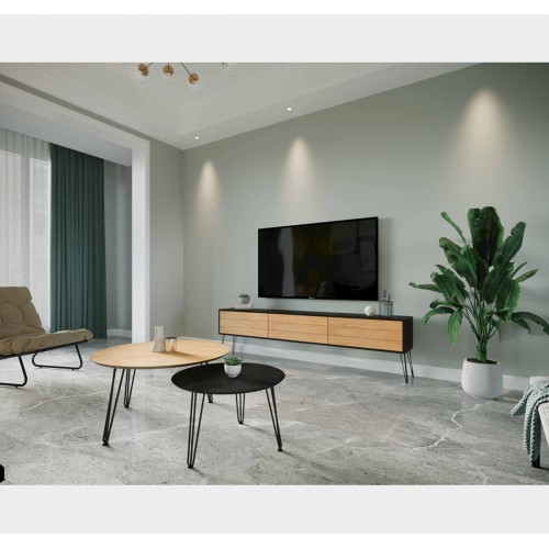 רהיטים במבצע סט מזנון וזוג שולחנות לסלון אלון משולב Panda Style