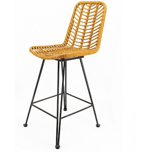 כיסא בר ראטן צבע טבעי או שחור בשילוב רגלי מתכת