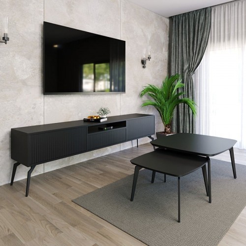 סט מזנון וזוג שולחנות במבצע לסלון דגם שווייץ בלאק