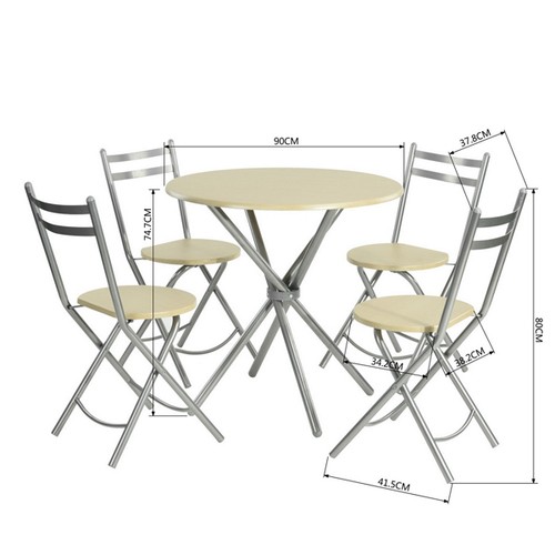 סט ישיבה שולחן וארבעה כסאות עשוי מתכת בשילוב עץ 
הכסאות והשולחן מתקפלים לאחסון קל ונוח